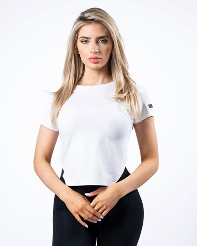 Alphalete Boatneck Cropped Premium Corta Sleeve Blancas | PYDVGU654