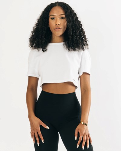 Alphalete Heavy Algodon Dropped Shoulder Crop Blancas | LQXHDA628