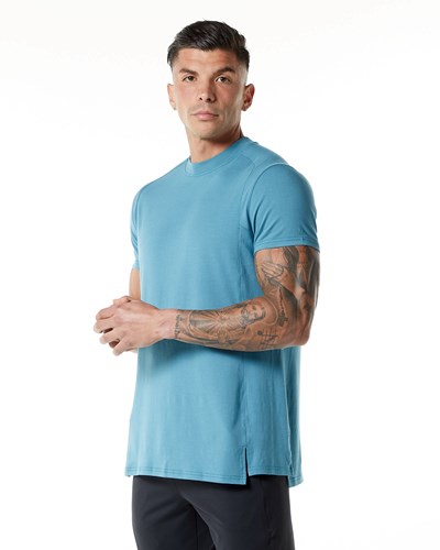 Alphalete High-Neck Premium Corta Sleeve Tee Azules | XZQMDC278