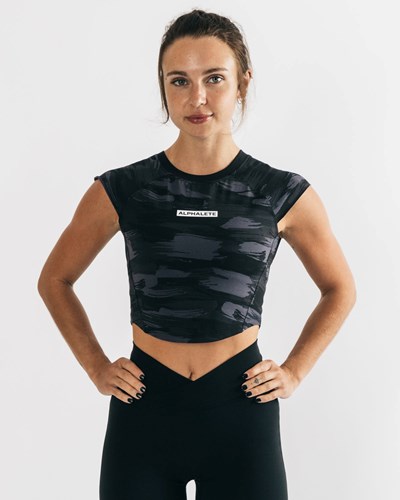 Alphalete High Performance Corta Sleeve Crop Tee Negras Camuflaje | WNTISR642