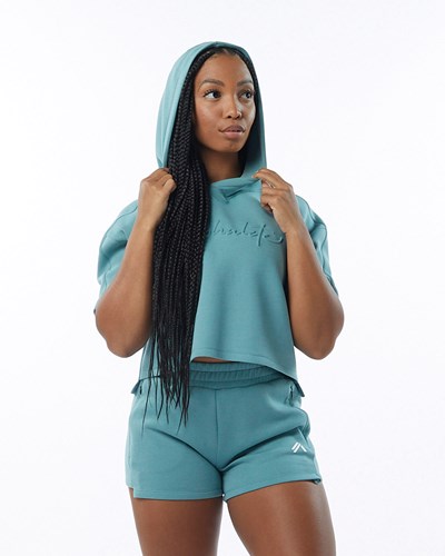Alphalete Interlock Knit Crop Hoodie Teal | EMDOUN756