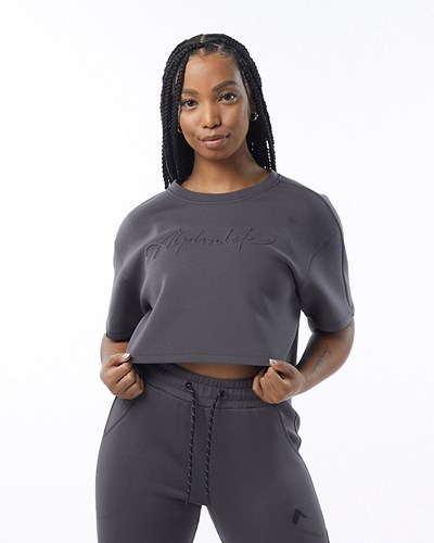 Alphalete Interlock Knit Crop Pullover Charcoal | IOWTPB823