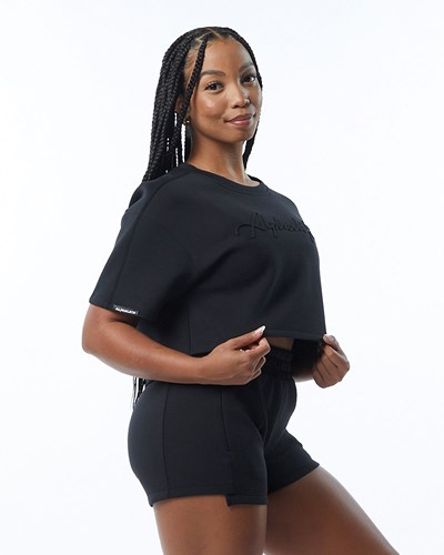 Alphalete Interlock Knit Crop Pullover Negras | LCXWVM214
