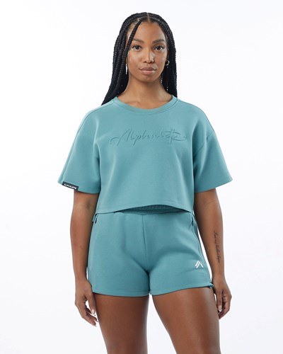 Alphalete Interlock Knit Crop Pullover Teal | EPYFJL146