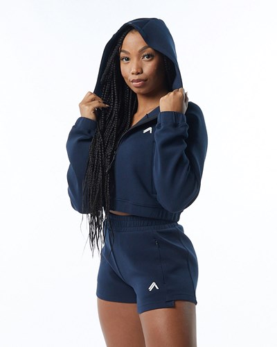 Alphalete Interlock Knit Crop-Zip Hoodie Azul Marino | WTZBXI713