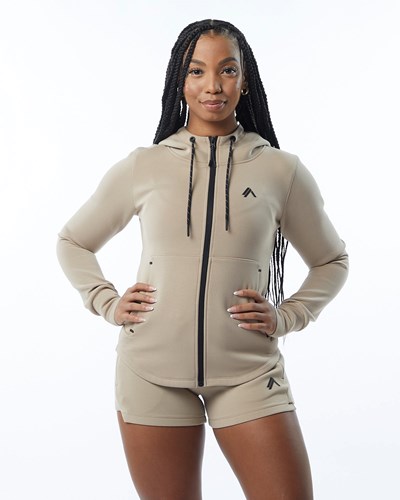 Alphalete Interlock Knit Full-Zip Hoodie Tan | NYBQUT471