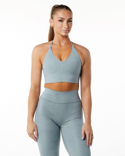 Alphalete Medium-Impact Luxury Sports Bra Washed Denim | EARIBJ248