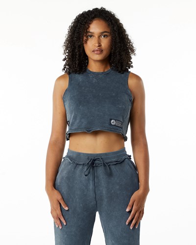 Alphalete Mid-Weight Washed Terry Crop Cutoff Azules | VBNMWI463