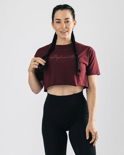 Alphalete Oversized Raw-Cut Corta Sleeve Crop Burdeos | VOBDXM387