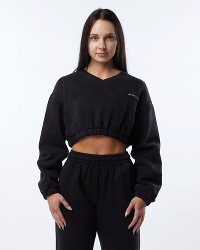 Alphalete Washed V-Neck Fleece Sueter Blackbird | XDWJCT698
